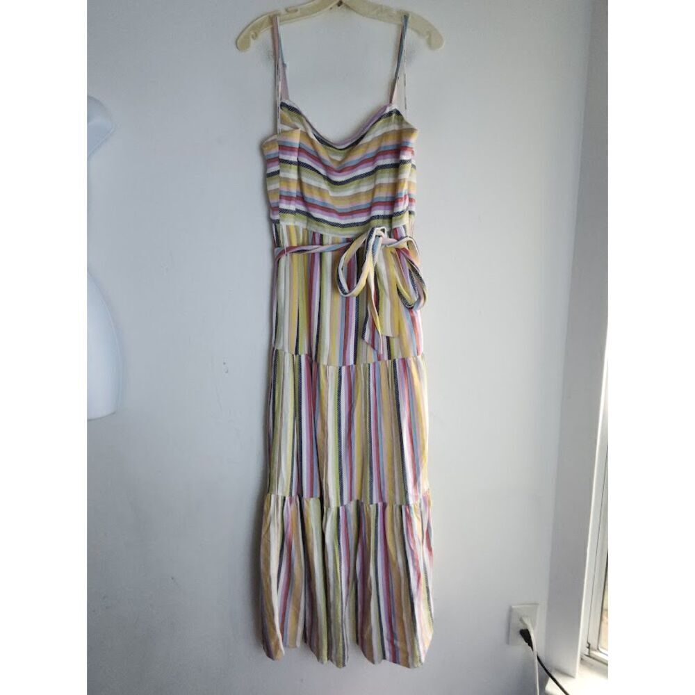 Julia Jordan Beige w/Blue Pink Yellow Strips Tiered Cotton Midi Dress size 16